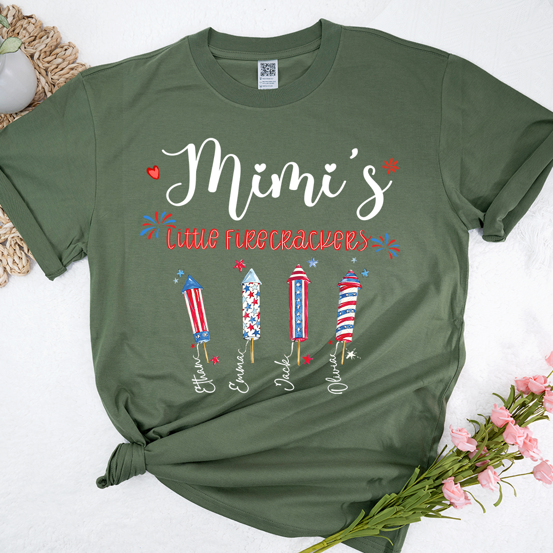 Personalized Mimi's Little Firecrackers T-shirt with Patriotic Fireworks Design, Grandma Gigi Mama Mimi Shirt for 4th of July, Patriotic Gift for Mother's Day