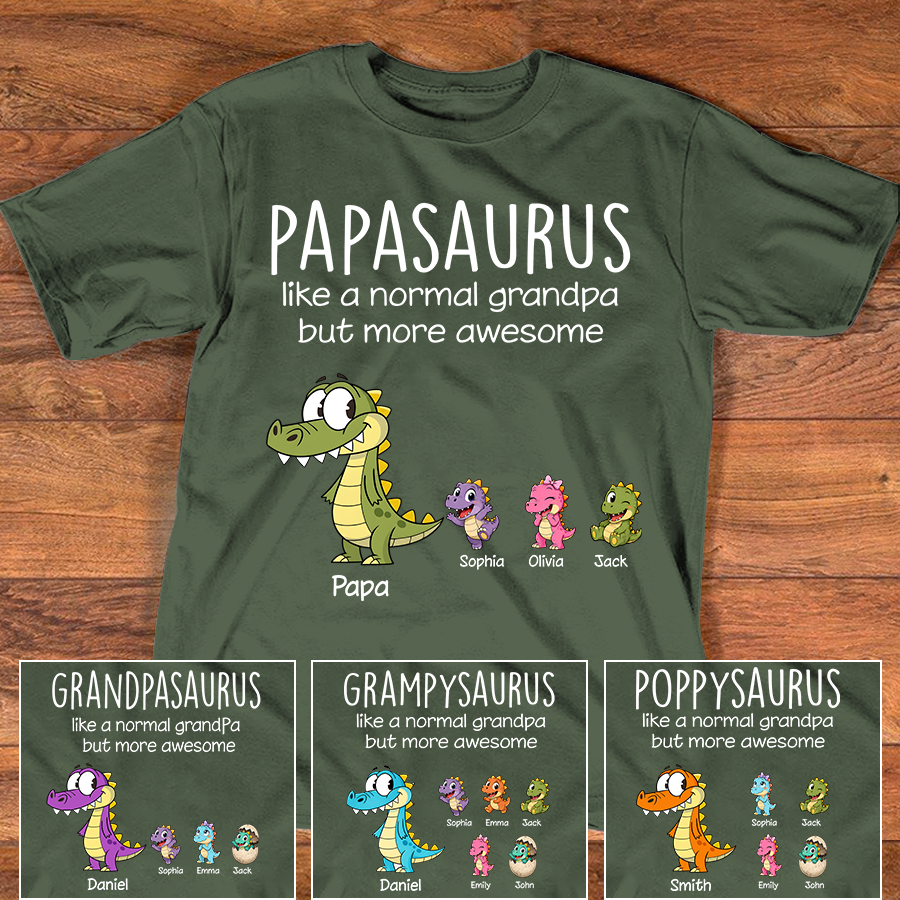 Personalized Papa Dinosaur Shirt with Custom Kids Names, Funny Grandpa Family T Shirt for Papa Grandfather, Father's Day Birthday Gift