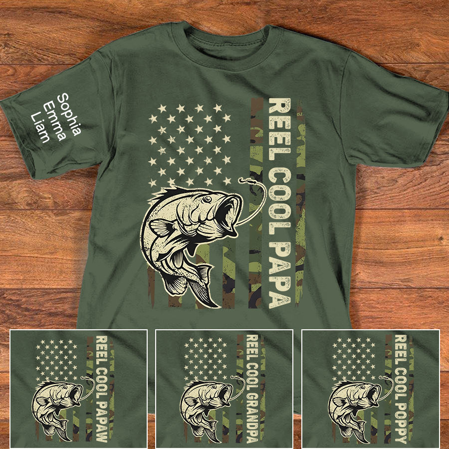 Personalized Reel Cool Papa Fishing Shirt Custom Kids Names on Sleeve, Bass Fish American Flag Shirt for Grandpa Dad, Fathers Day Family Gift