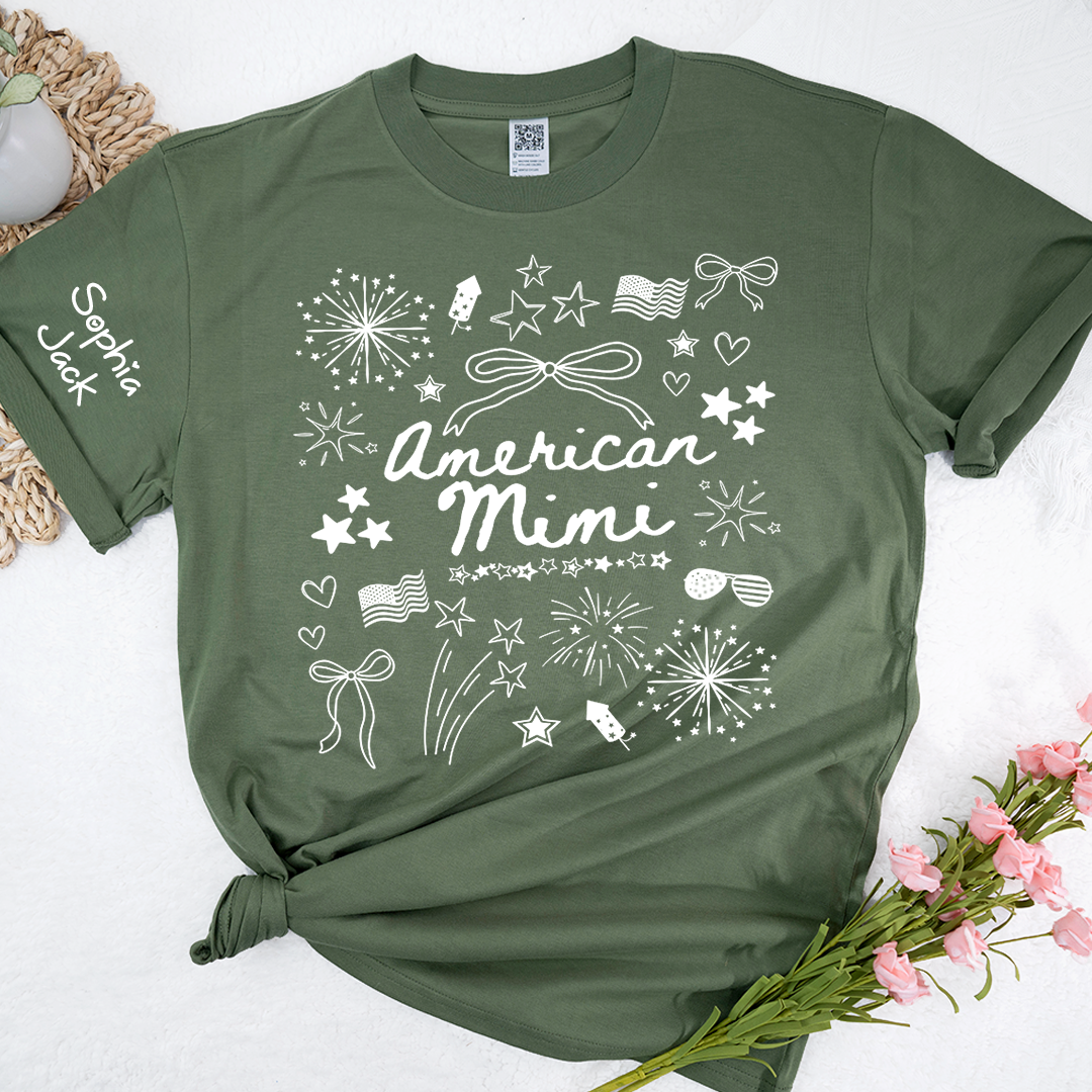 Personalized American Mimi T-Shirt Custom Family Nickname Shirt with Firework Design for 4th of July, Gifts for Mother's Day, Birthday