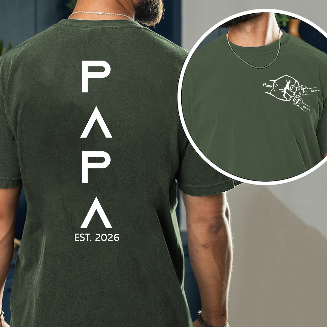Personalized Papa Fist Bump Shirt with Kids Names, Custom Grandpa Back Print Shirt, Minimalist Papa Year Family Shirt for Fathers Day Birthday Gift