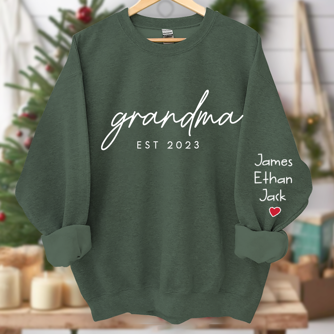 Personalized Grandma Est Sweatshirt, Custom Grandma and Grandkids Name On Sleeve Sweatshirt, Mother's Day Gift For Mom Grandma Mimi Nana Gigi Grammy