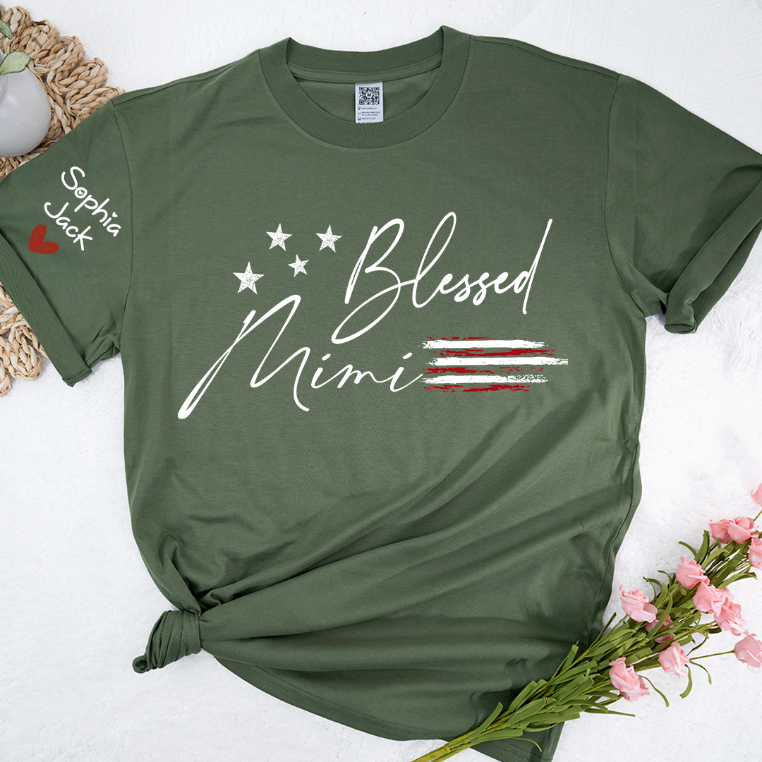 Personalized Blessed Mimi Flag American T-shirt, Custom Family Nickname Shirt with USA Flag Design for 4th of July, Perfect for Nana, Gigi, Grandma