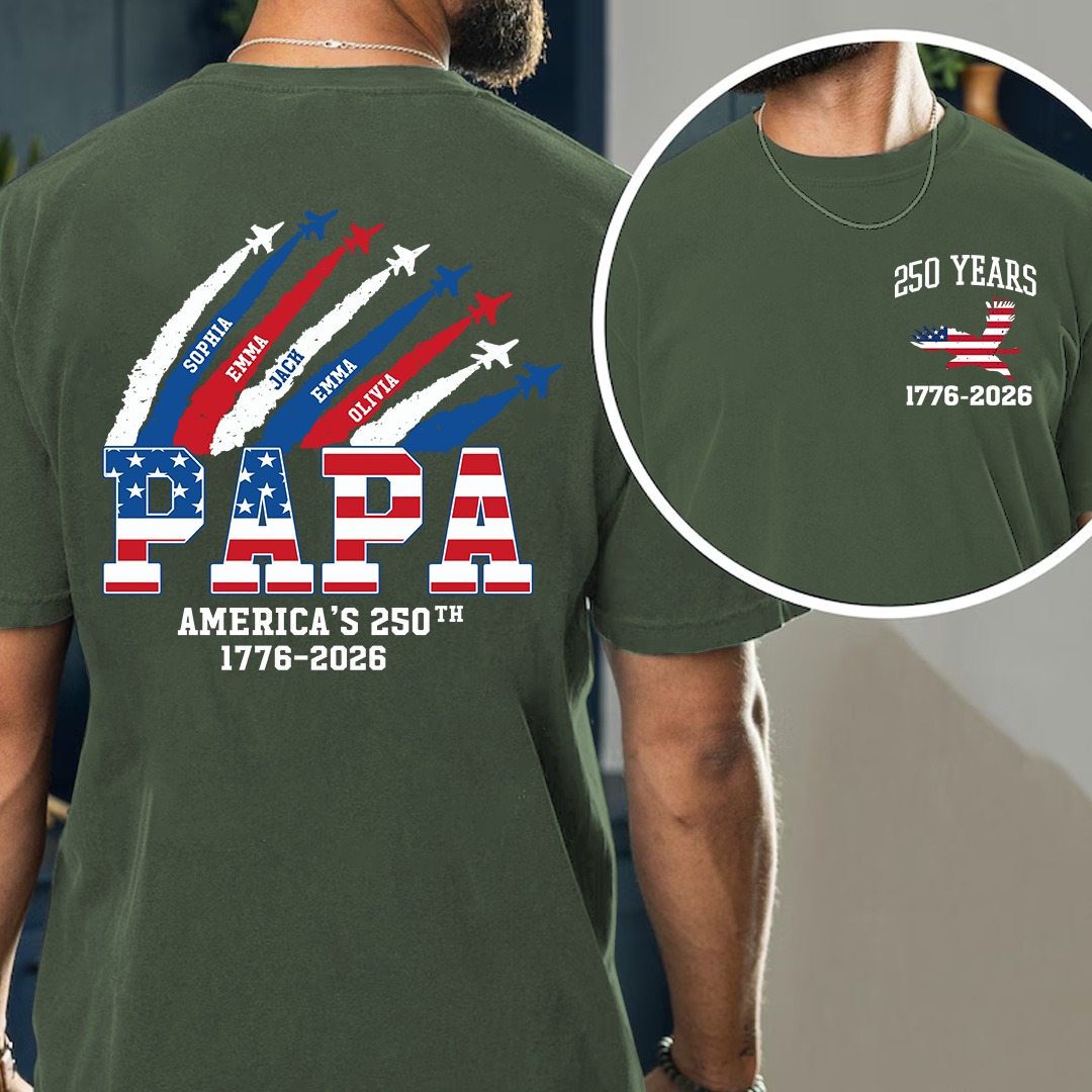 Personalized Papa 250 Years Shirt, Custom Kids Names Airplane Shirt, Patriotic American Flag Papa Tee, Grandpa Fathers Day Shirt, 4th of July Family Gift 1776 2026
