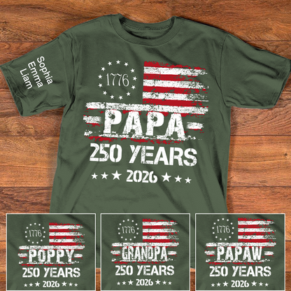Personalized Papa 250 Years Shirt Custom Kids Names Sleeve, Patriotic American Flag Family T Shirt for 4th of July, Fathers Day Gift for Dad Grandpa, U.S. 250th Anniversary 2026