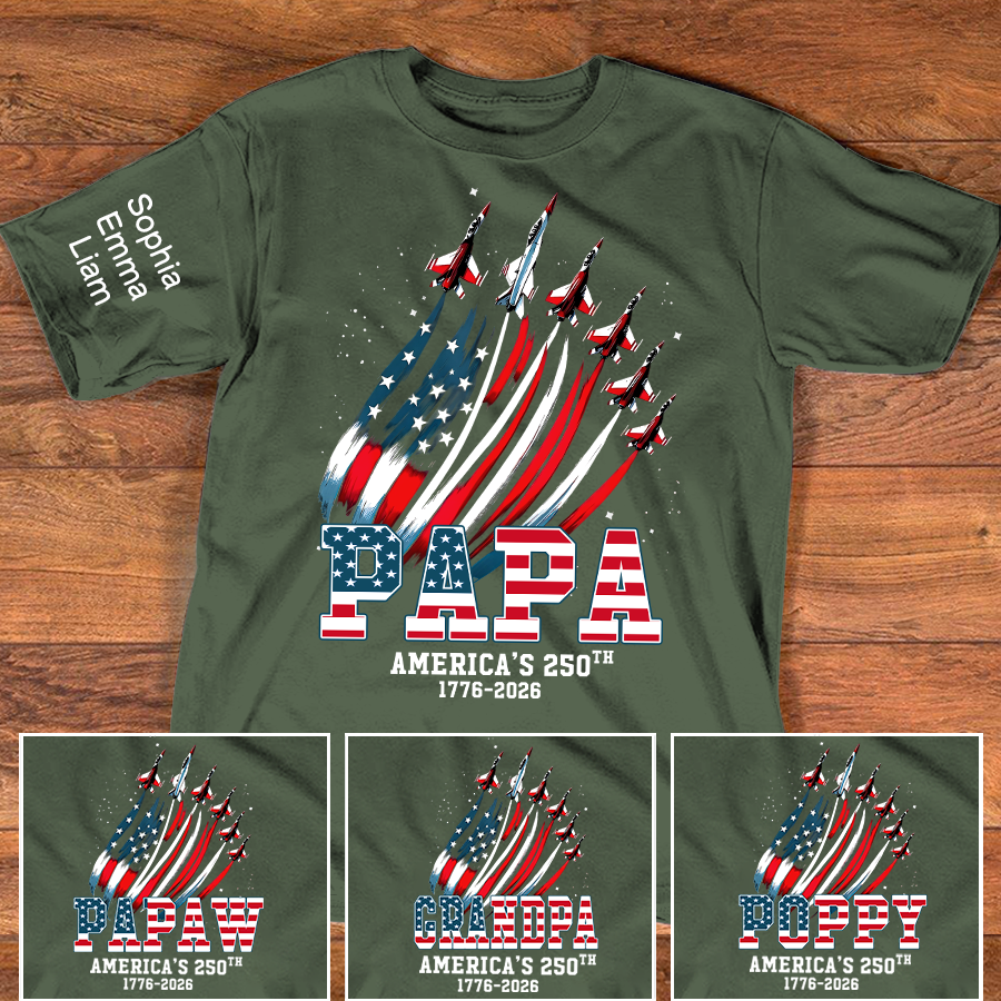 Personalized Papa Patriotic American Flag Shirt with Kids Names, Custom Family Nickname T-Shirt for Dad Fathers Day 4th of July America’s 250th 1776-2026