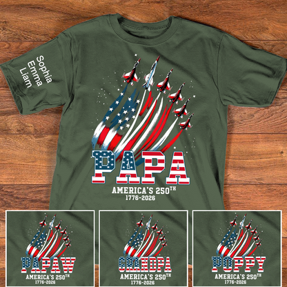 Personalized Papa Patriotic American Flag Shirt with Kids Names, Custom Family Nickname T-Shirt for Dad Fathers Day 4th of July America’s 250th 1776-2026