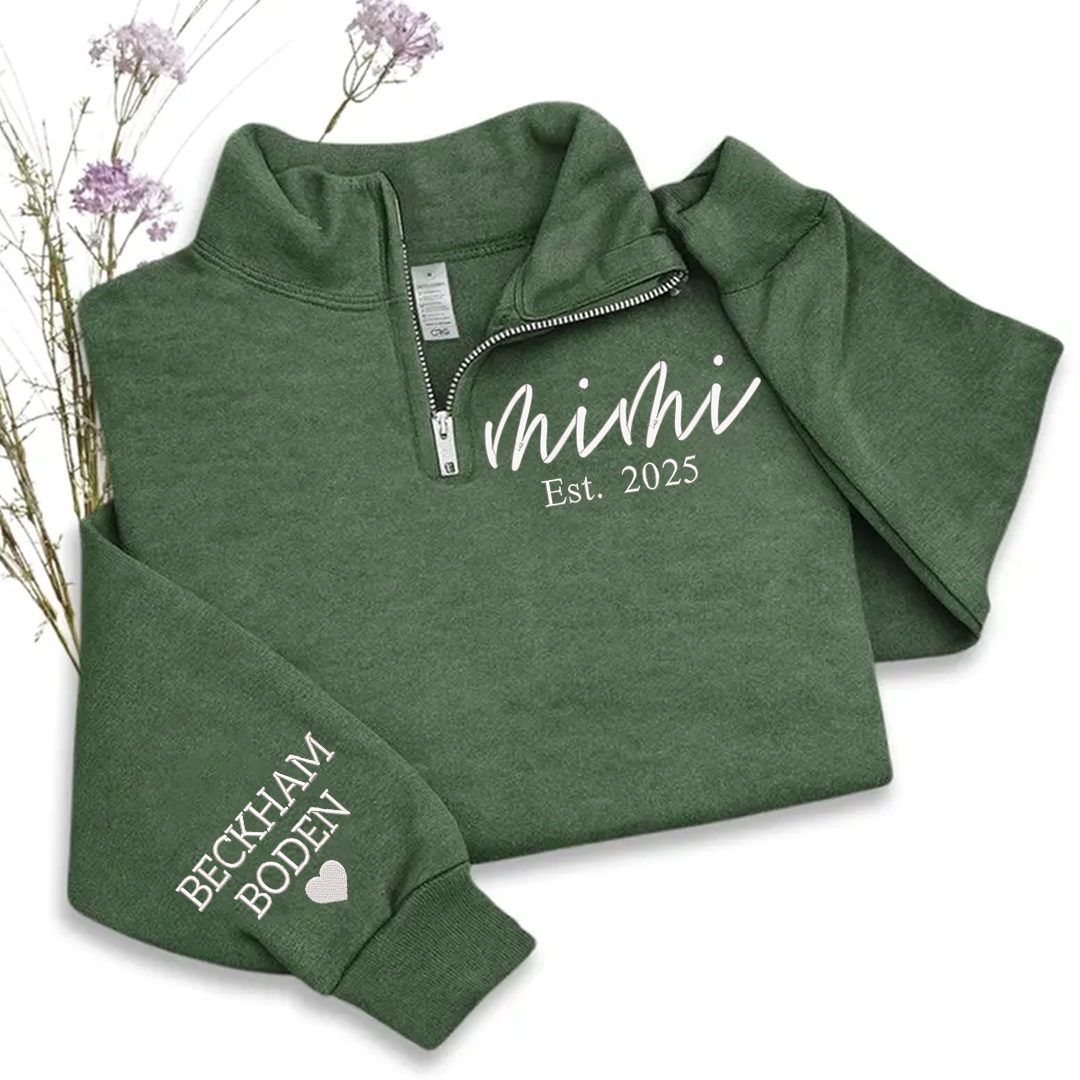 Mimi est Sweatshirt, Grandma And Grandkids Embroidered Quarter Zip Sweater