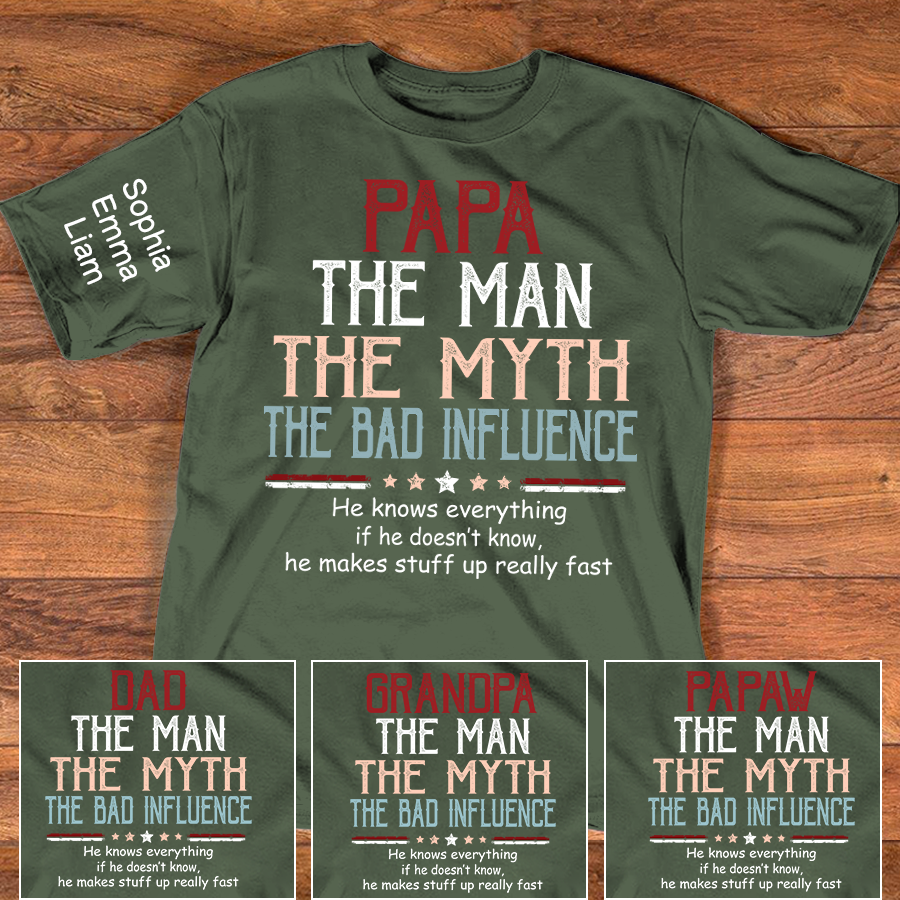 Personalized Papa The Man The Myth The Dad Influence Shirt, Custom Kids Names Sleeve Tee for Grandpa Dad Father Birthday Gift