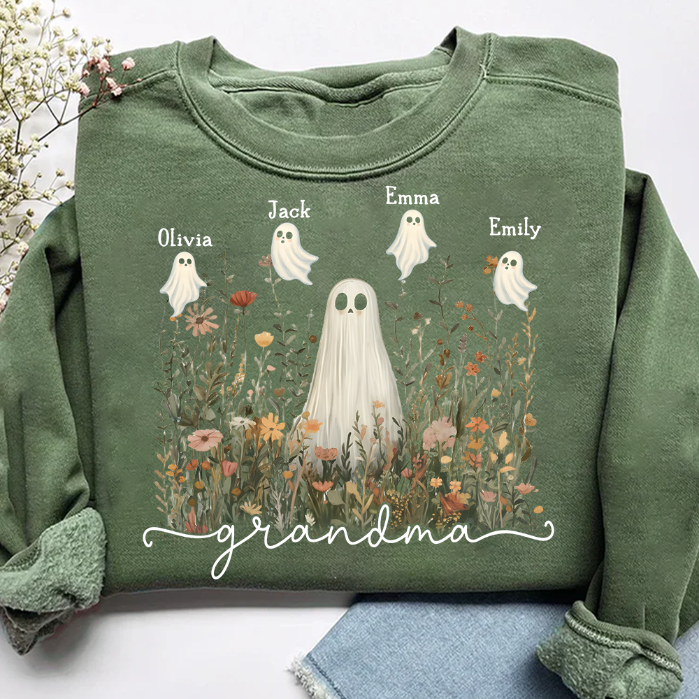 Grandma Cute Ghost in Wildflowers Halloween And Grandkids Sweatshirt