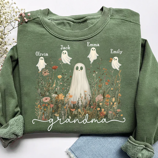 Grandma Cute Ghost in Wildflowers Halloween And Grandkids Sweatshirt