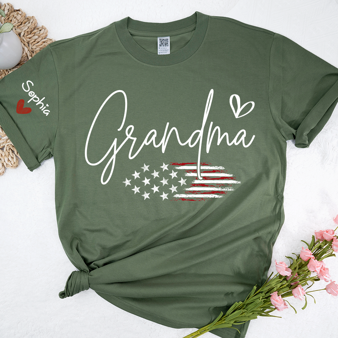 Personalized Grandma American Flag T-Shirt, Custom Design with Name, Patriotic Family Shirt for 4th of July, Gifts for Mother's Day, Birthday