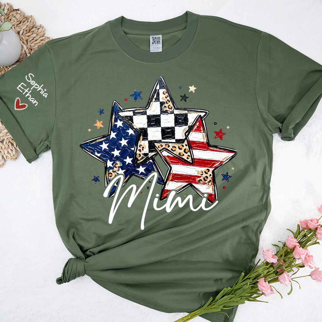 Personalized American Flag Star T-Shirt – Custom Mimi, Gigi, Nana Shirts, Fun Patriotic Gift for Grandparents, Perfect for Mother’s Day, Independence Day, and Birthdays