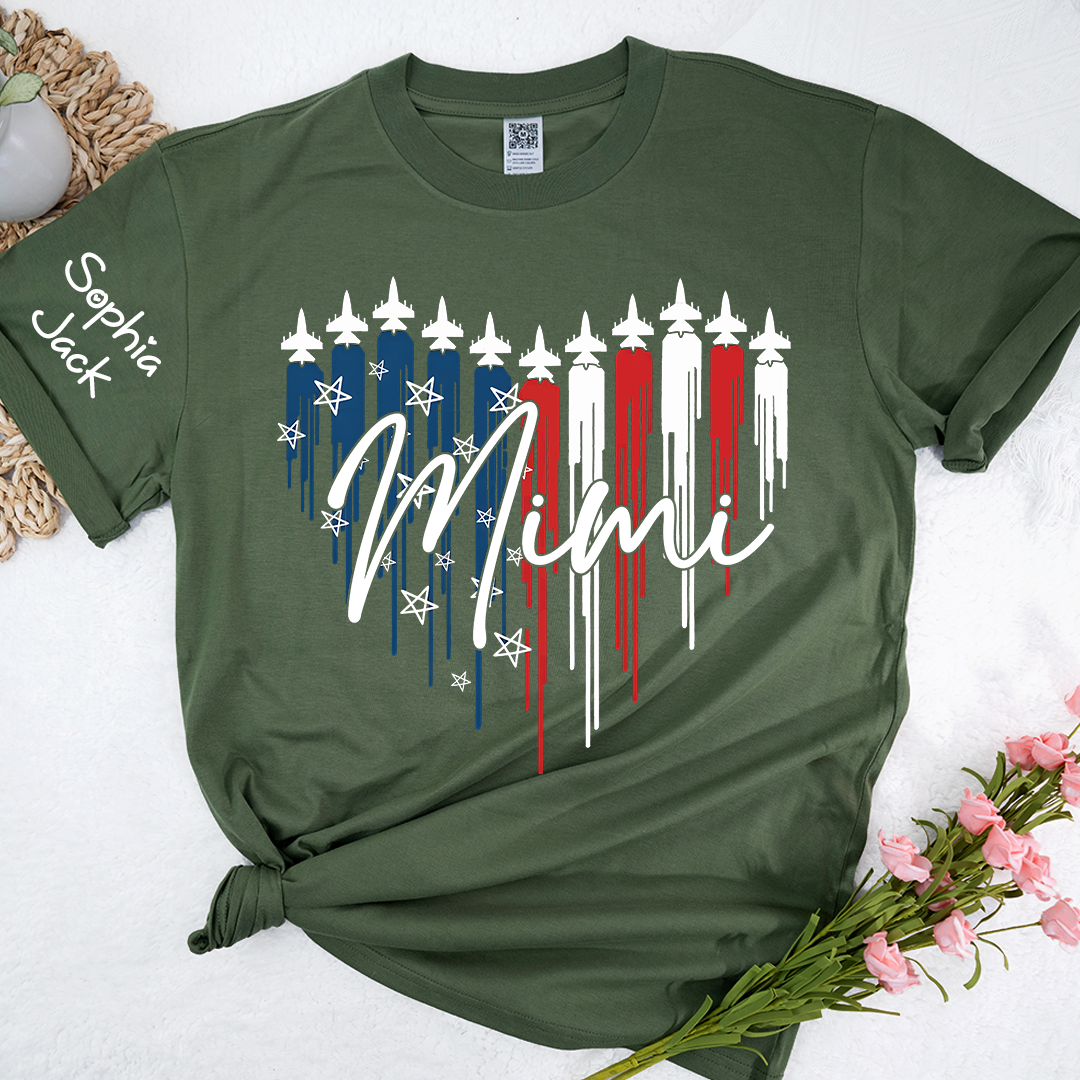 Personalized Mimi Patriotic Jet Heart USA Graphic Tee, Custom Family Nickname Shirt  for 4th of July, Gifts for Mother's Day, Birthday