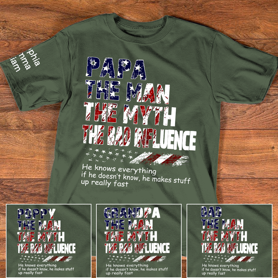 Personalized Papa The Man The Myth The Bad Influence Shirt, Custom Nickname Patriotic USA Flag Tee for Dad Grandpa Poppy, 4th of July Family Shirt Gift
