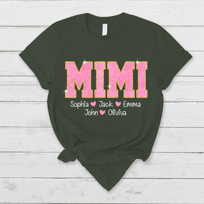 Glitter Pink Custom Name Mimi Nana Grandma And Kids T-Shirt