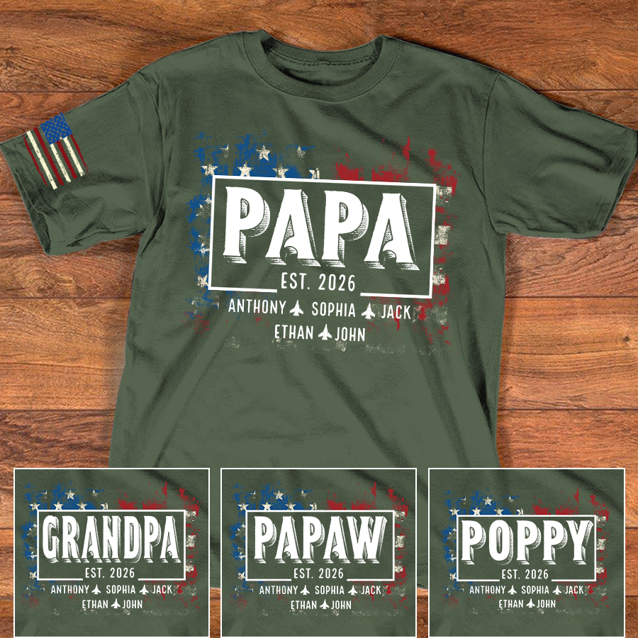 Personalized Papa EST Shirt Custom Kids Names Patriotic American Flag Design, First Time Dad Gift for Grandpa Father Birthday Fathers Day