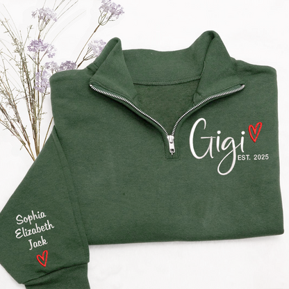Custom Gigi Heart Est Sweatshirt, Personalized Gigi And Grandkids Embroidered Quarter Zip Sweater