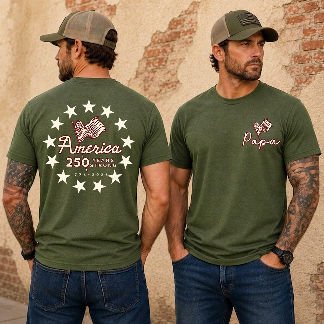 Personalized Papa America 250 Years Strong Shirt, Patriotic American Flag Shirt, 1776 2026 USA Celebration, Fathers Day Gift for Papa Grandpa Dad, Independence Day Shirt