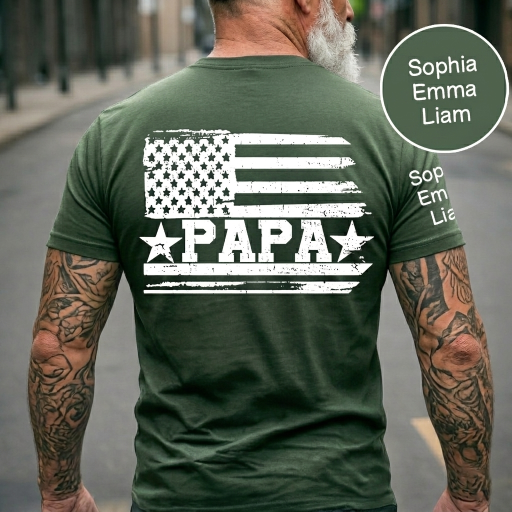 Personalized Papa T-Shirt with Custom Kids Names Option, American Flag Patriotic Design for Dad, Fathers Day Birthday Gift, Family Celebration Shirt