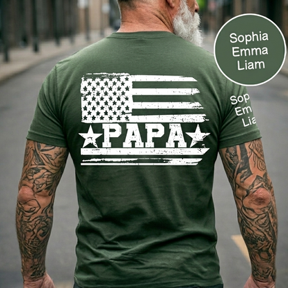 Personalized Papa T-Shirt with Custom Kids Names Option, American Flag Patriotic Design for Dad, Fathers Day Birthday Gift, Family Celebration Shirt