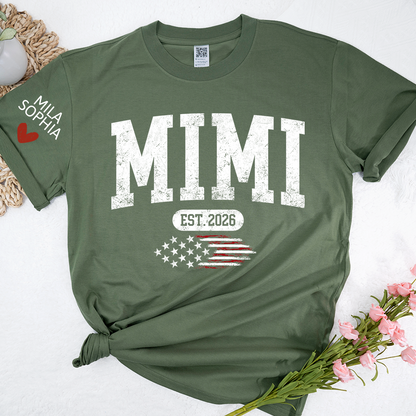 Personalized Mimi EST American Flag T-Shirt – Custom Mimi, Gigi, Nana Shirts, Patriotic Gift for Grandparents, Perfect for Mother’s Day and Birthdays
