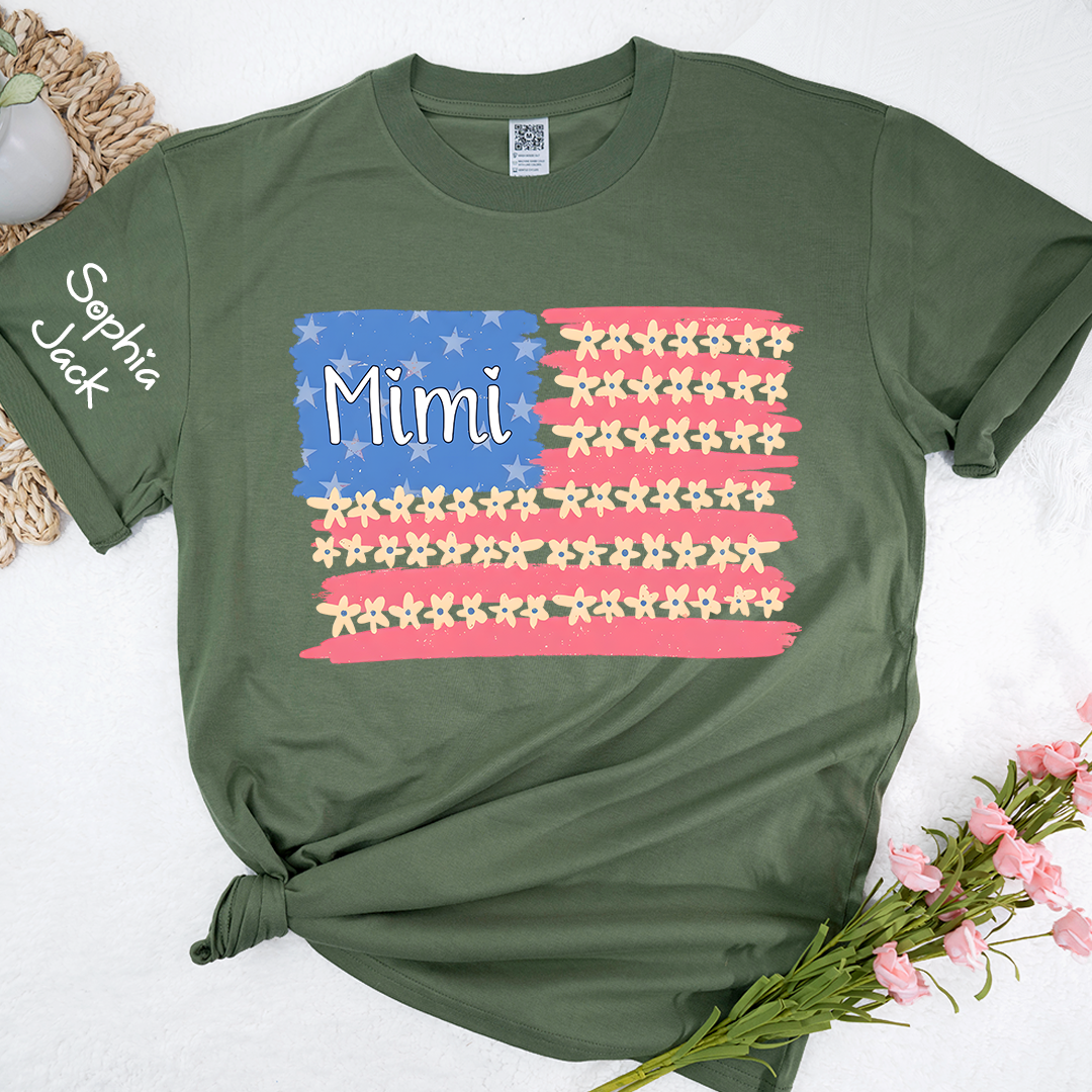 Personalized Mimi Flag Flower American T-shirt , Personalized Mimi Gigi Grandma Nana Shirt for 4th of July, Mother's Day, Birthday Gift, Custom Family Names