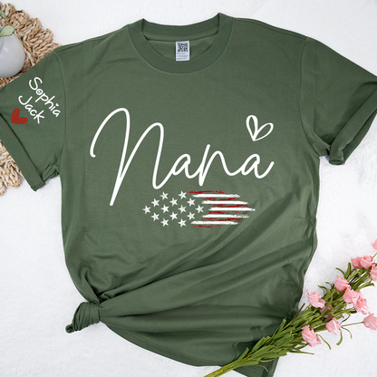 Personalized Nana American Flag T-Shirt, Custom Design with Name, Patriotic Family Shirt for 4th of July, Gifts for Mother's Day, Birthday