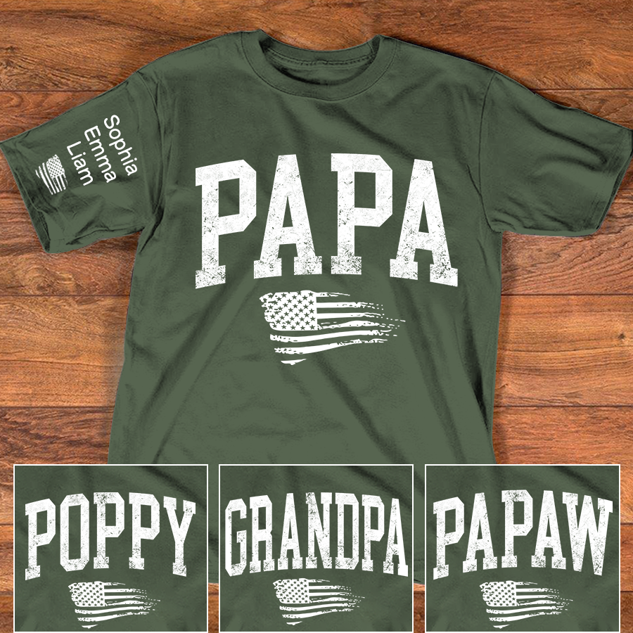 Personalized Papa Shirt with Grandkids Names, Patriotic Flag Custom Sleeve Tee, Fathers Day Birthday Gift for Grandpa