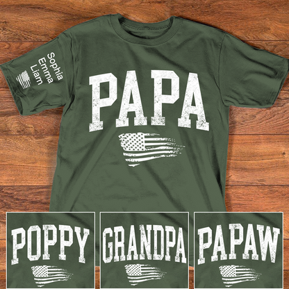 Personalized Papa Shirt with Grandkids Names, Patriotic Flag Custom Sleeve Tee, Fathers Day Birthday Gift for Grandpa