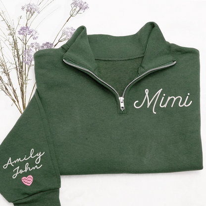 Mimi heart Pink Sweatshirt, Mimi And Grandkids Embroidered Quarter Zip Sweater
