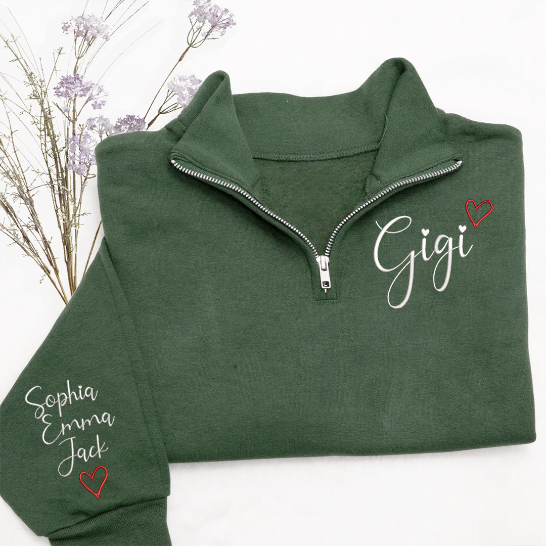Gigi Heart Sweatshirt, Personalized Gigi Embroidered Quarter Zip Sweater