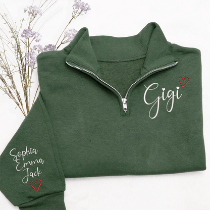Gigi Heart Sweatshirt, Personalized Gigi Embroidered Quarter Zip Sweater