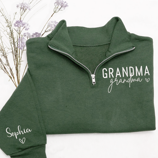 Grandma Heart Sweatshirt, Personalized Grandma And Grandkids Embroidered Quarter Zip Sweater
