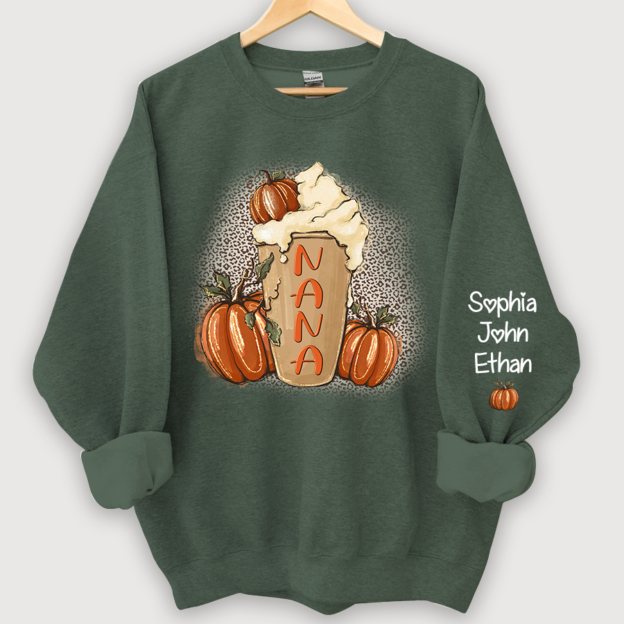 Personalized Nana Latte With Pumpkin Grandkids Fall Latte Coffie Sweatshirt