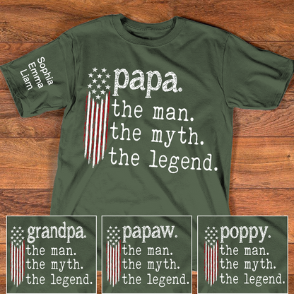 Personalized Papa The Man The Myth The Legend American Flag Shirt with Kids Names, Custom Family Nickname T-Shirt for Dad Fathers Day Gift