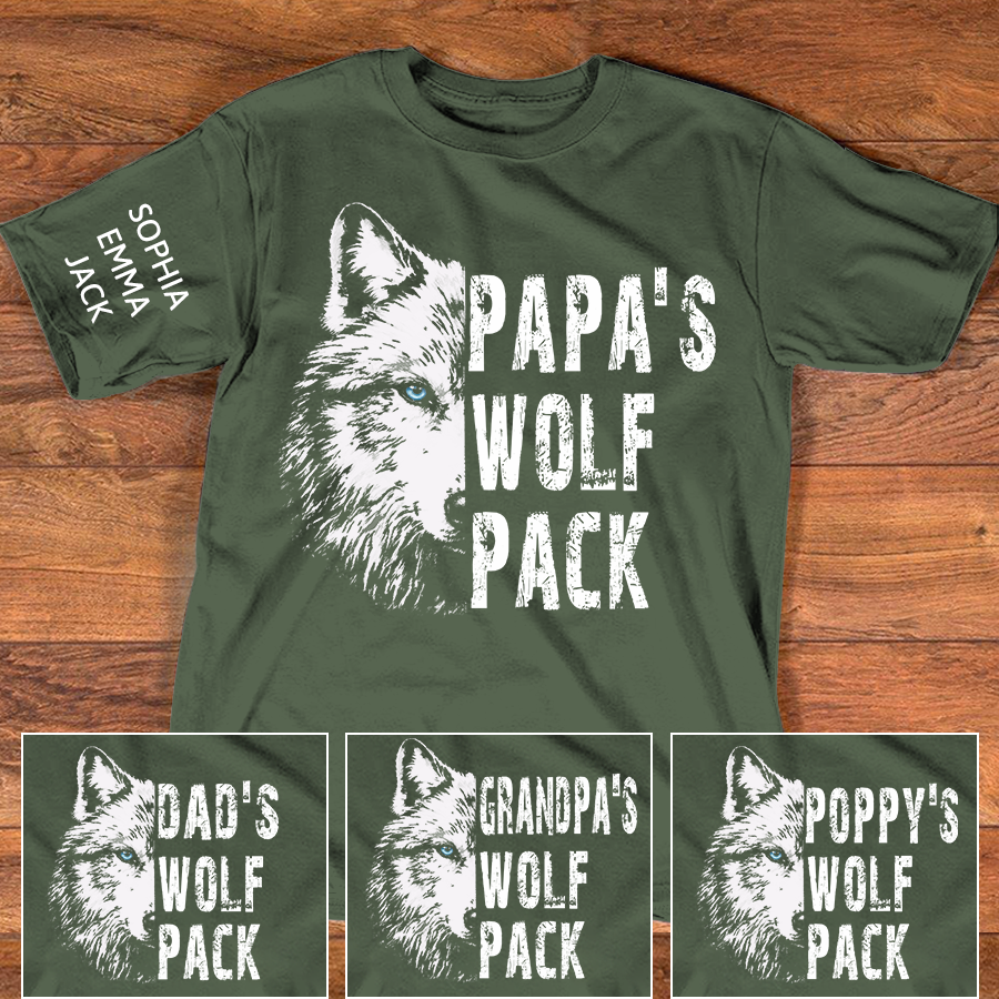 Papa's Wolf Pack Shirt, Personalized Grandpa Wolf T Shirt with Kids Names on Sleeve, Custom Papa Gift for Father's Day Birthday Tee
