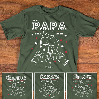 Best Papa Ever Shirt, Personalized Grandpa Fist Bump T Shirt with Kids Names, Custom Papa Papaw Poppy Grandpa Gift for Father's Day Birthday Tee