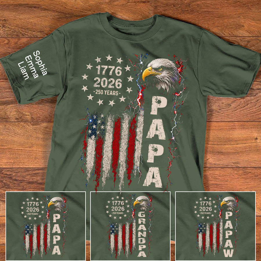 Personalized Papa Patriotic American Flag Shirt with Kids Names on Sleeve, Custom Grandpa Shirt, U.S. 250th Anniversary 250 Years of Freedom, Fathers Day Family Gift