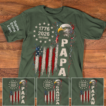 Personalized Papa Patriotic American Flag Shirt with Kids Names on Sleeve, Custom Grandpa Shirt, U.S. 250th Anniversary 250 Years of Freedom, Fathers Day Family Gift
