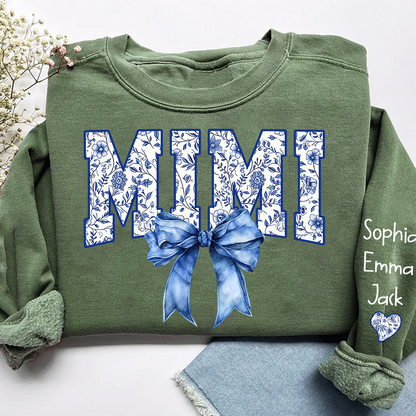 Mimi Floral Toile Blue Water Color Coquette Bow Gift For Grandma And Grandkids Sweatshirt