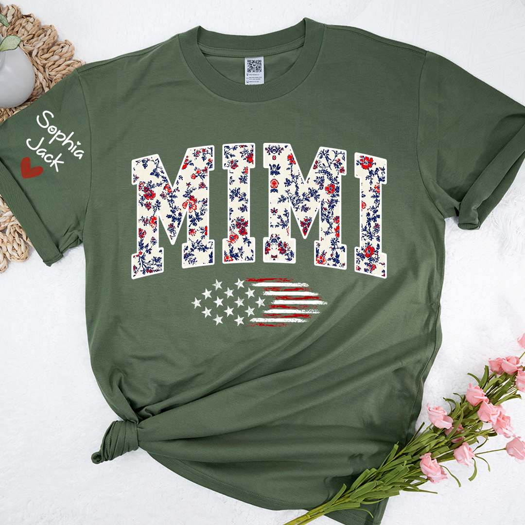 Personalized Floral Mimi Flag American T-shirt - Custom Family Nickname Shirt with USA Flag Design for 4th of July, Perfect for Nana, Gigi, Grandma