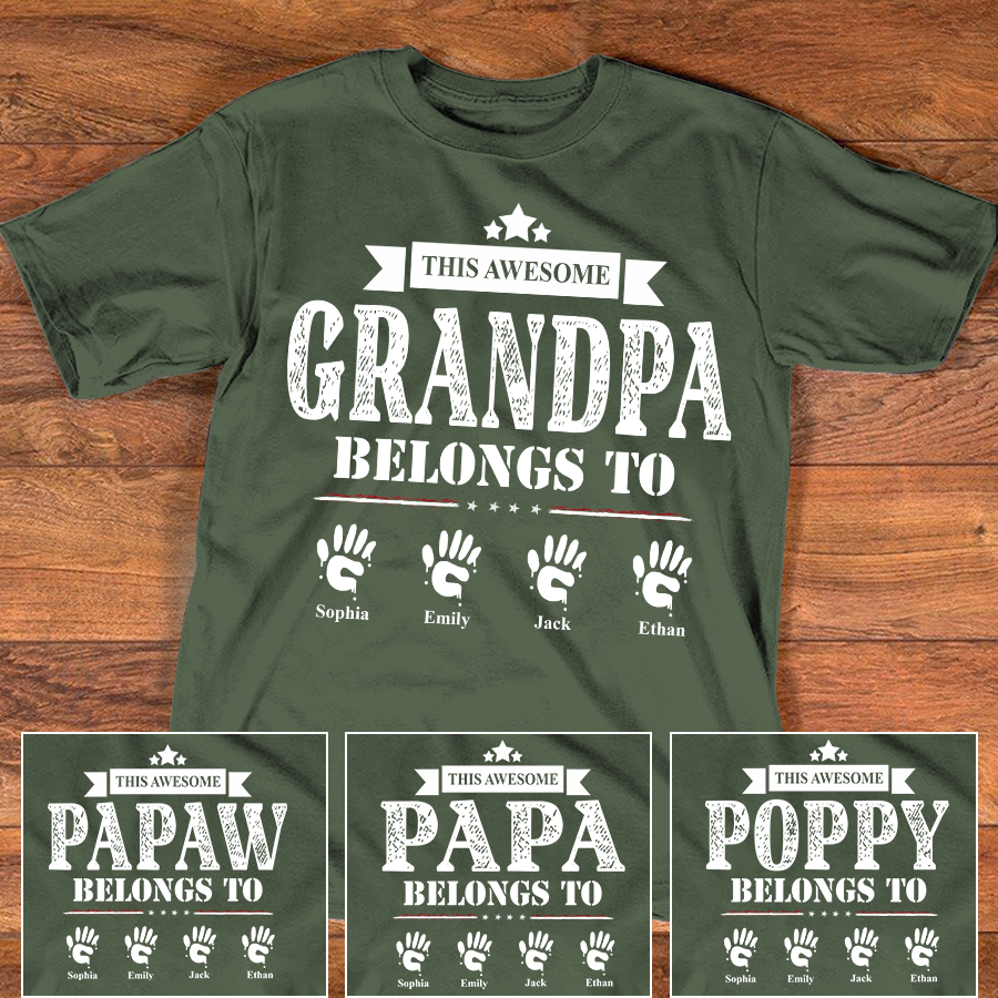 This Awesome Grandpa Belongs to Kids Shirt, Personalized Papa Tee with Kids Names, Patriotic Dad Shirt, Custom Grandpa Gift, 4th of July Family Shirt