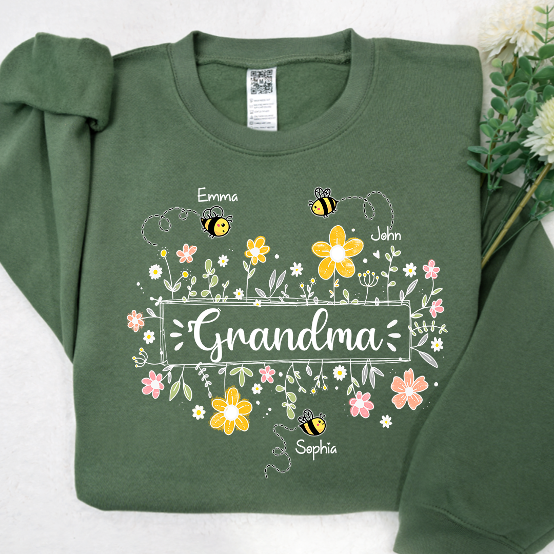 Personalized Grandma Bee Flower And Grandkids Sweatshirt