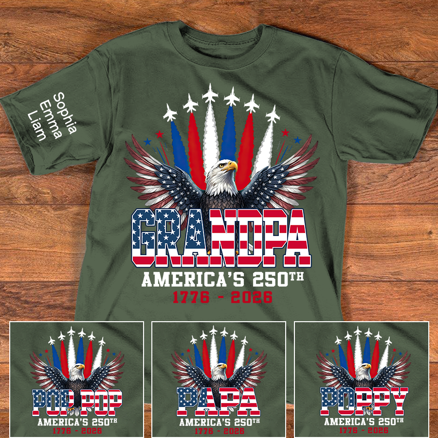 Personalized Grandpa America's 250th Anniversary Shirt Custom Kids Names on Sleeve, Patriotic Eagle Independence Day Shirt, U.S. 250th Anniversary Apparel