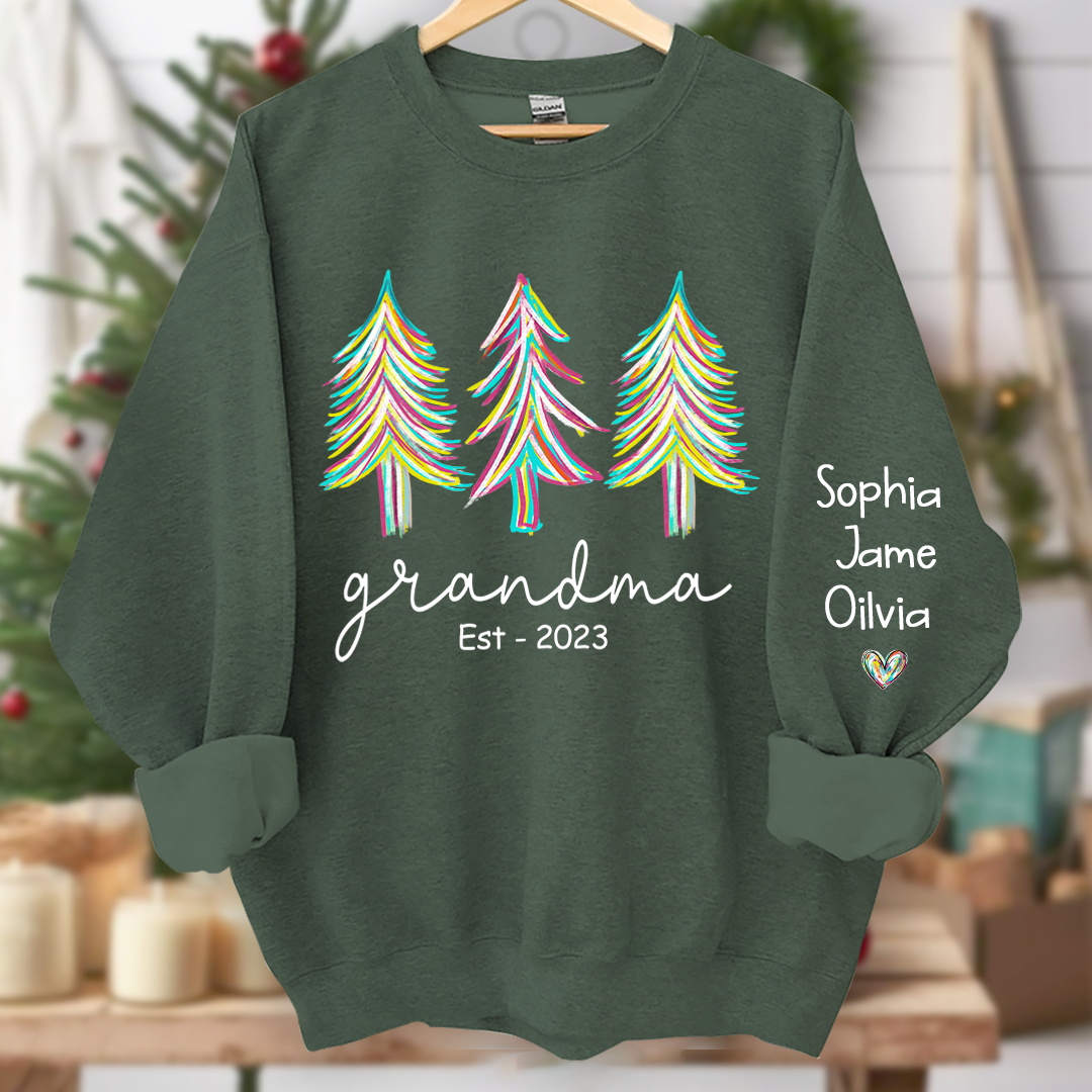 Grandma Est Christmas trees color paint And Grandkids Names Sweatshirt