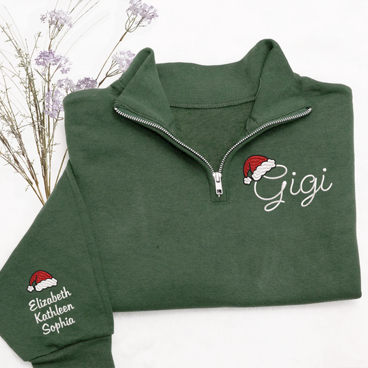 Gigi hat santa Merry Christmas Sweatshirt, Grandma And Grandkids Embroidered Quarter Zip Sweater