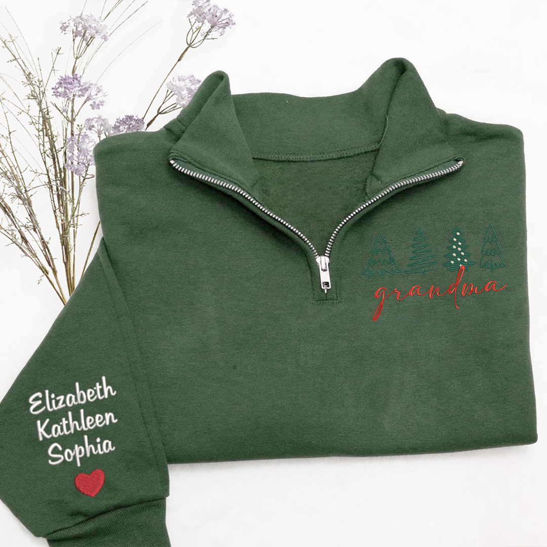 Grandma Tree Merry Christmas Sweatshirt, Grandma And Grandkids Embroidered Quarter Zip Sweater