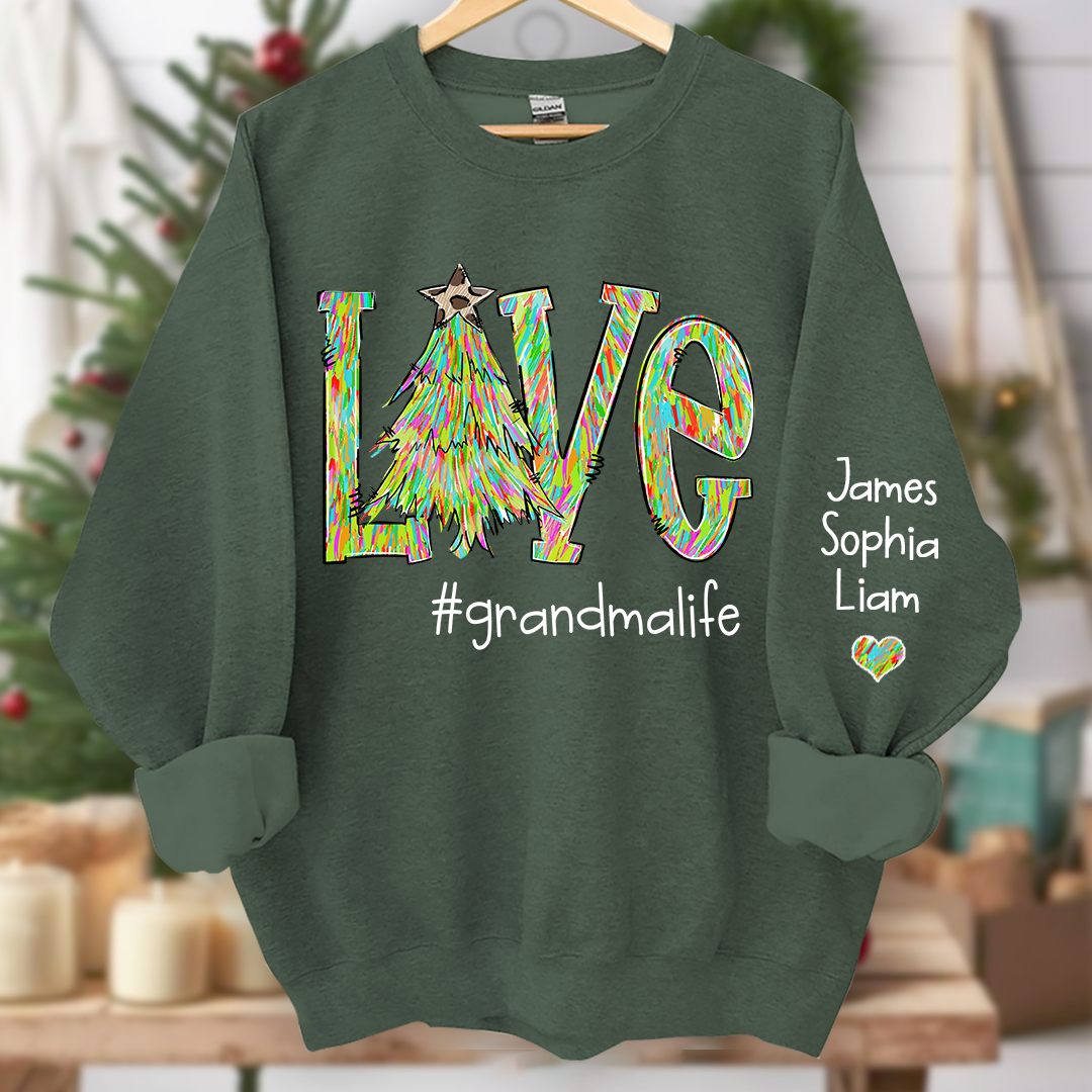 Love Tree Color Leopard Print Merry Christmas Grandmalife and Grandkids on sleeve Sweatshirt