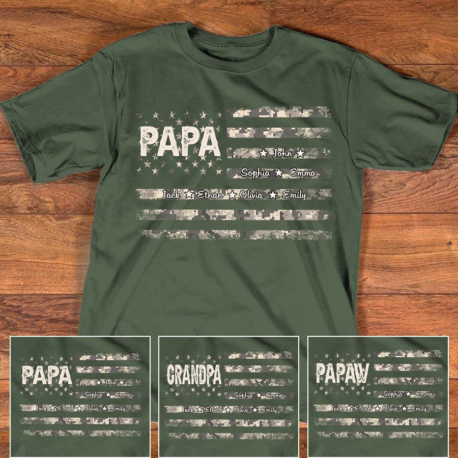 Personalized Papa American Flag Shirt with Kids Names, Custom Grandpa Patriotic Family Shirt, Vintage USA Flag Papa Grandpa Shirt for Fathers Day Birthday Gift